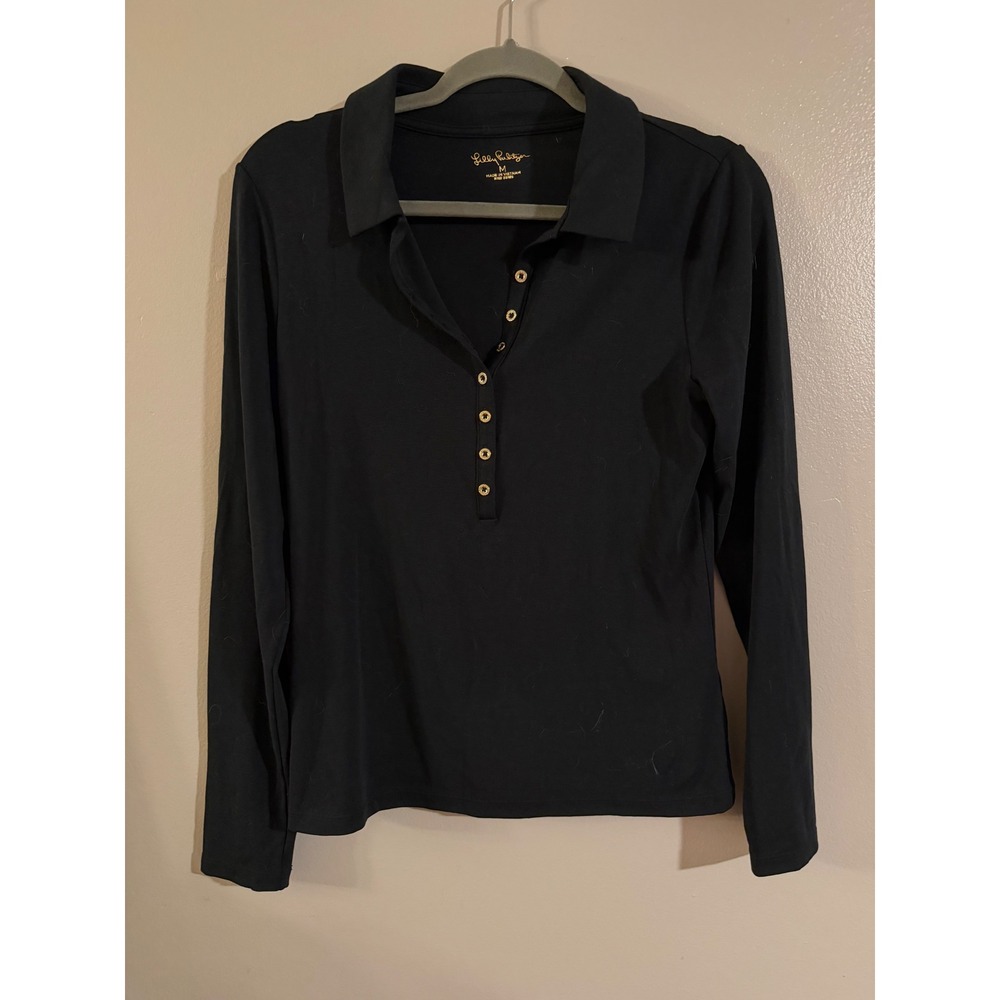Lilly Pulitzer Womens Black Long Sleeve Polo Henley Top Gold Logo Buttons M